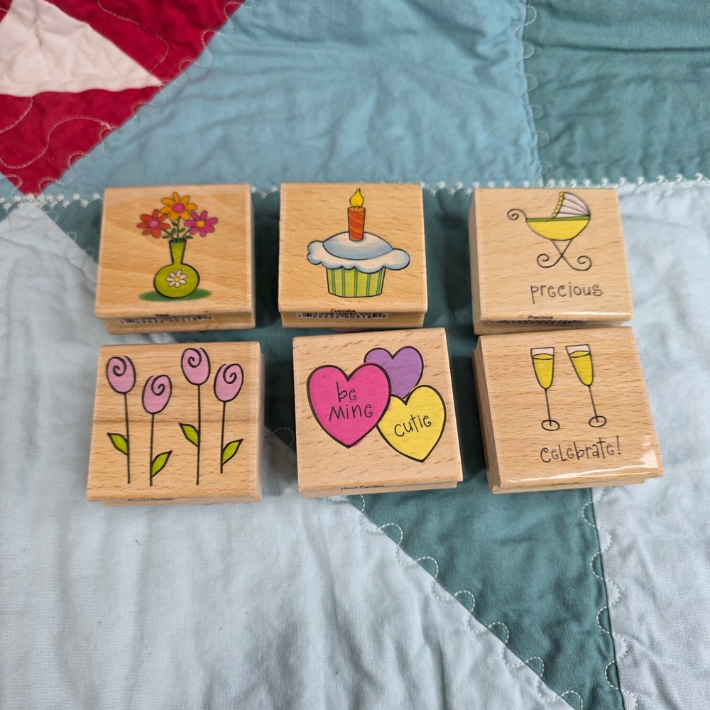 Studio G Wood Mounted Rubber Stamps Set of 6 Celebration Occasions Floral Hearts